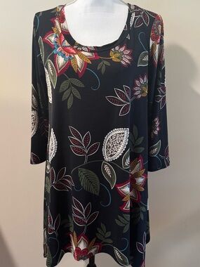 Black Floral Tunic Top with Multicolor Leaf Print